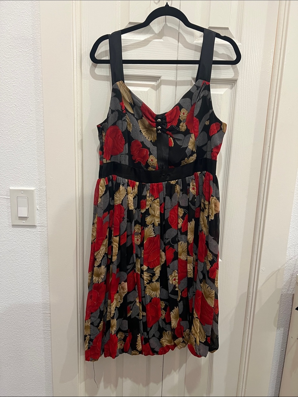 Black Mini Dress with Red and Gold Floral Print